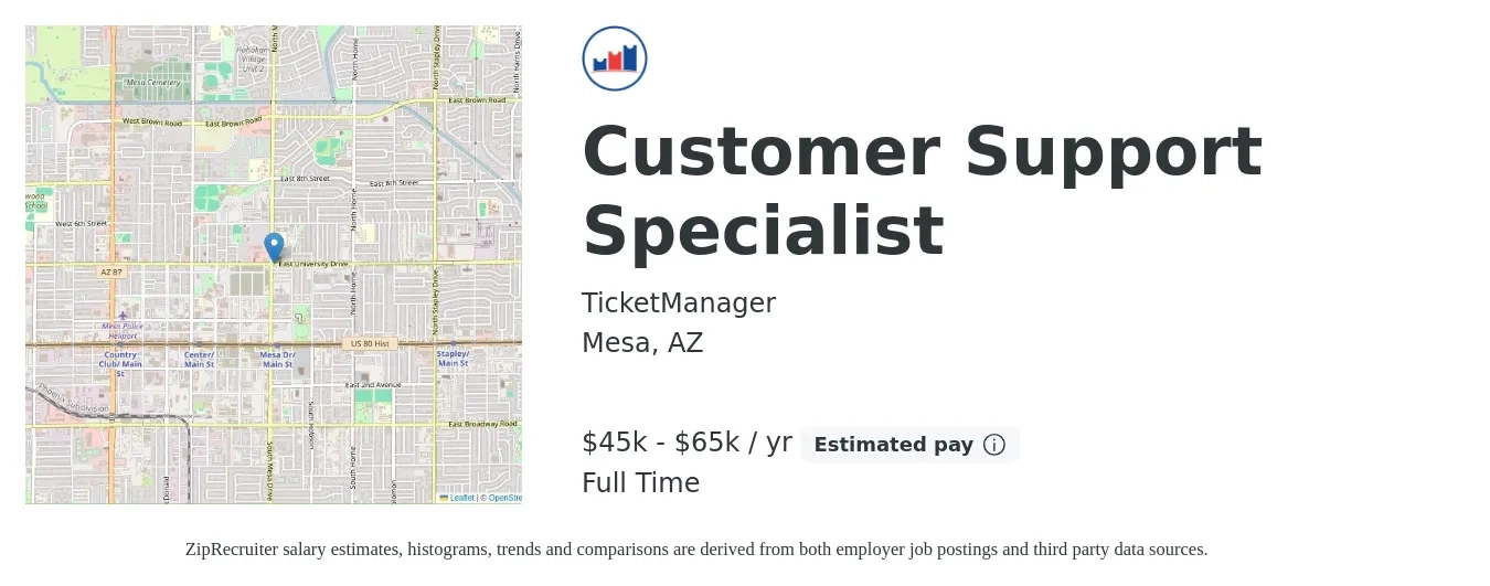 TicketManager job posting for a Customer Support Specialist in Mesa, AZ with a salary of $45,000 to $65,000 Yearly with a map of Mesa location.