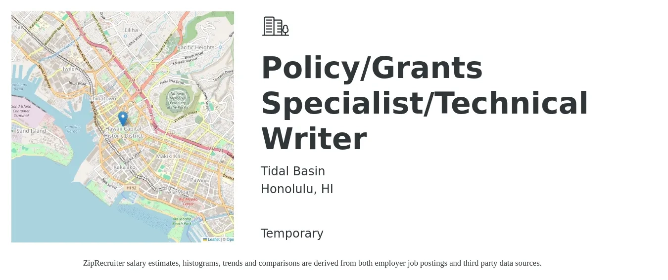 Tidal Basin job posting for a Policy/Grants Specialist/Technical Writer in Honolulu, HI with a salary of $30 to $35 Hourly with a map of Honolulu location.