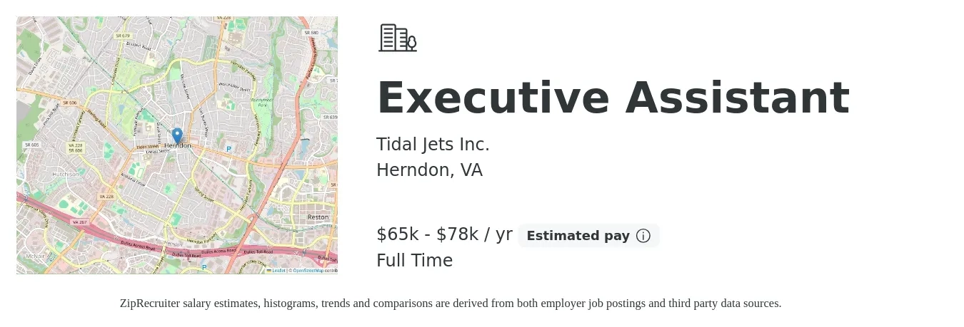Tidal Jets Inc. job posting for a Executive Assistant in Herndon, VA with a salary of $65,000 to $78,000 Yearly with a map of Herndon location.