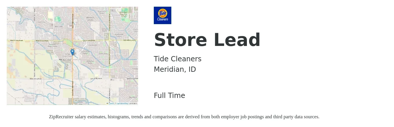 Tide Cleaners job posting for a Store Lead in Meridian, ID with a salary of $14 to $15 Hourly with a map of Meridian location.
