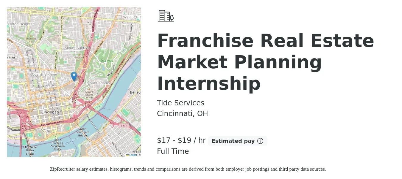 Tide Services job posting for a Franchise Real Estate Market Planning Internship in Cincinnati, OH with a salary of $18 to $20 Hourly with a map of Cincinnati location.