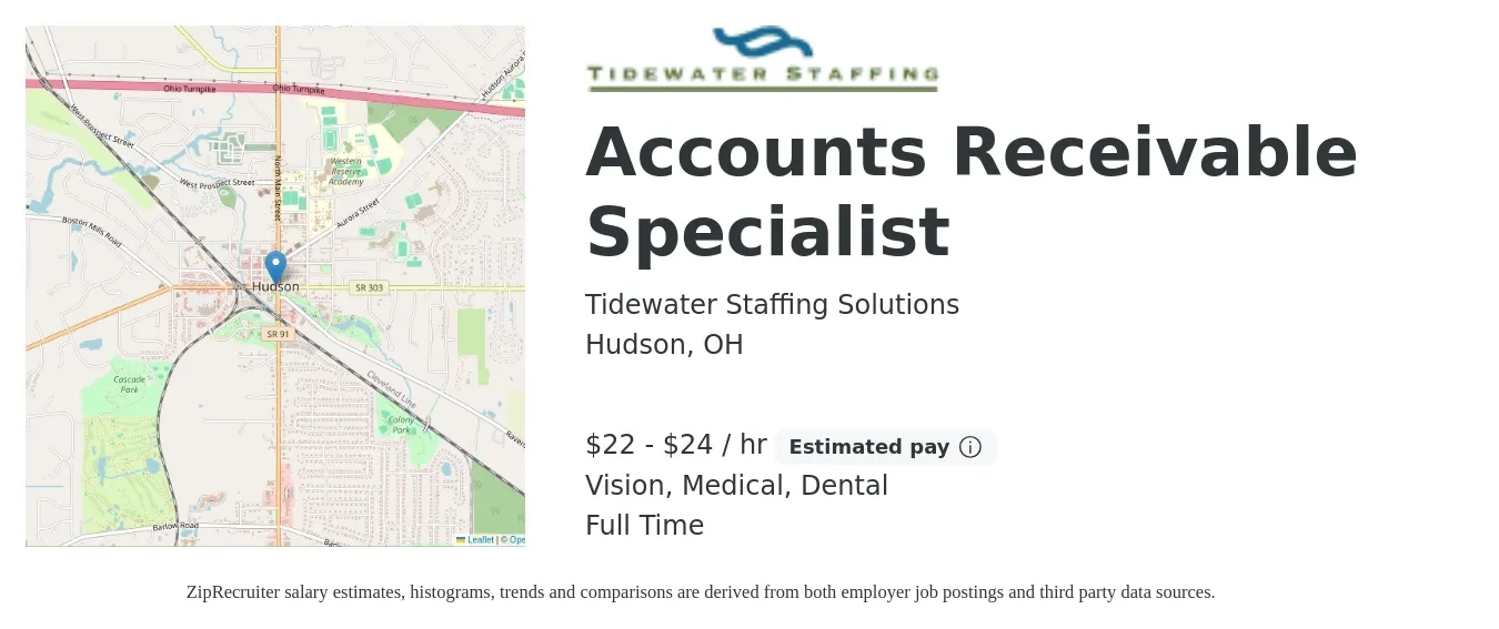 Tidewater Staffing Solutions job posting for a Accounts Receivable Specialist in Hudson, OH with a salary of $23 to $25 Hourly and benefits including pto, vision, dental, life_insurance, and medical with a map of Hudson location.