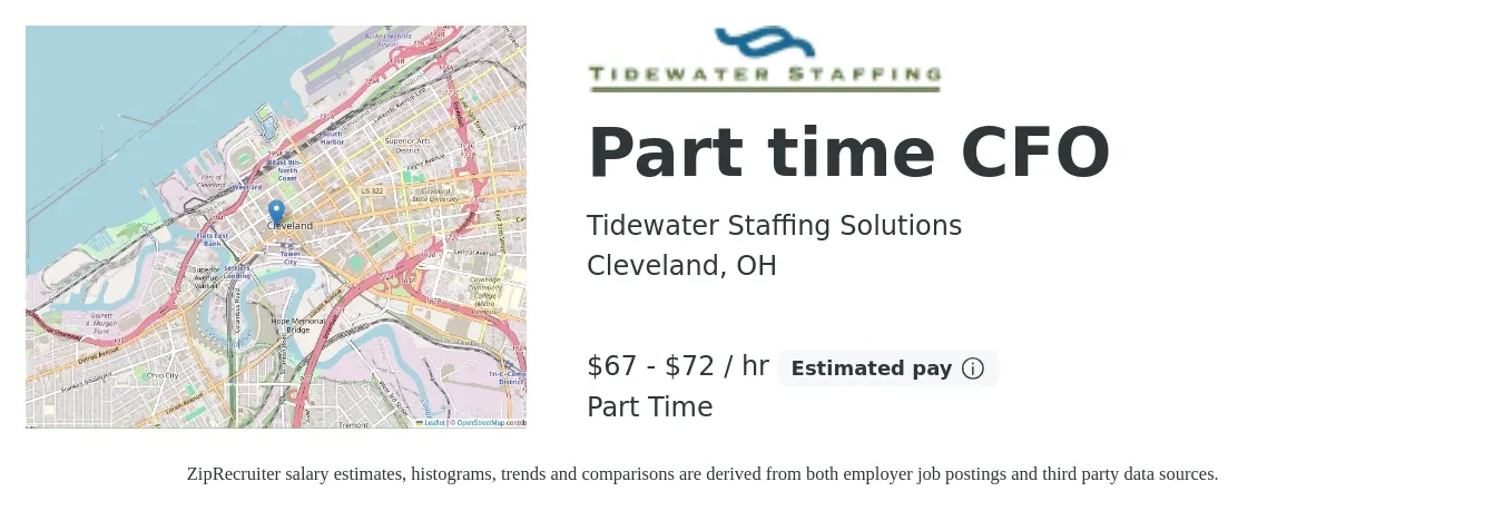 Tidewater Staffing Solutions job posting for a Part time CFO in Cleveland, OH with a salary of $70 to $75 Hourly with a map of Cleveland location.