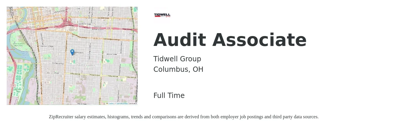 Tidwell Group job posting for a Audit Associate in Columbus, OH with a salary of $54,000 to $76,600 Yearly with a map of Columbus location.