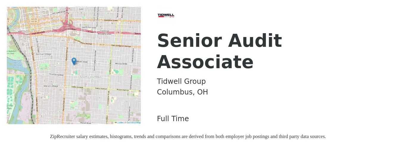 Tidwell Group job posting for a Senior Audit Associate in Columbus, OH with a salary of $76,100 to $93,500 Yearly with a map of Columbus location.