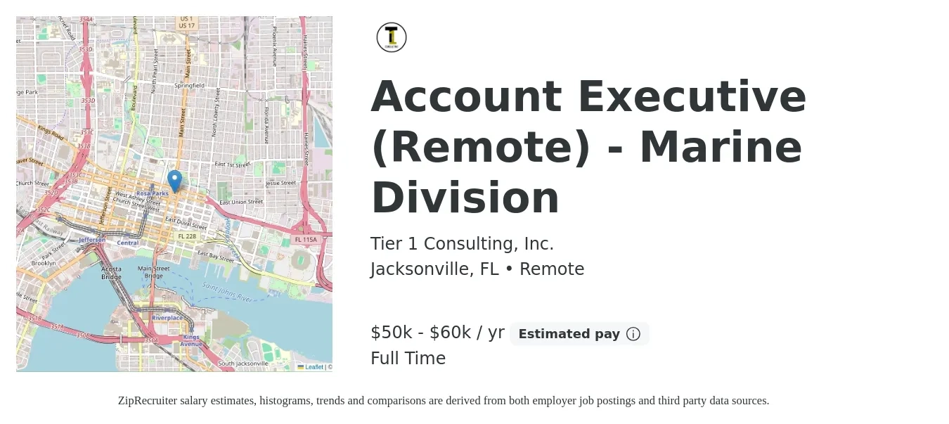 Tier 1 Consulting, Inc. job posting for a Account Executive (Remote) - Marine Division in Jacksonville, FL with a salary of $50,000 to $60,000 Yearly with a map of Jacksonville location.