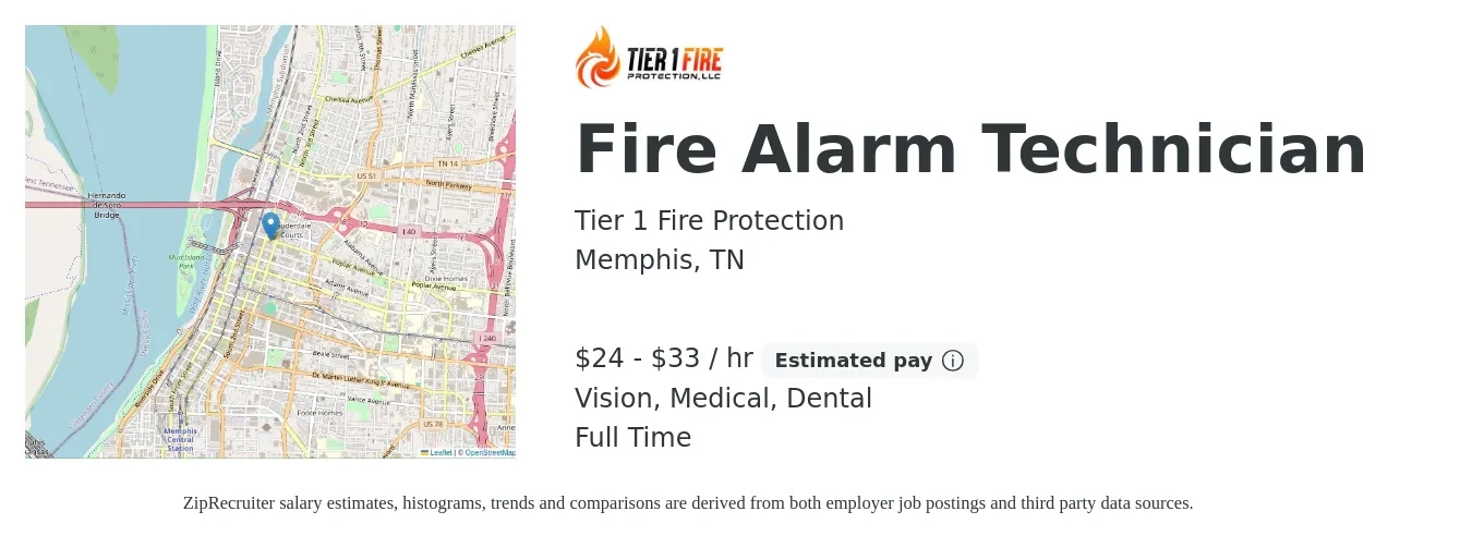 Tier 1 Fire Protection job posting for a Fire Alarm Technician in Memphis, TN with a salary of $25 to $35 Hourly and benefits including life_insurance, medical, pto, retirement, vision, and dental with a map of Memphis location.