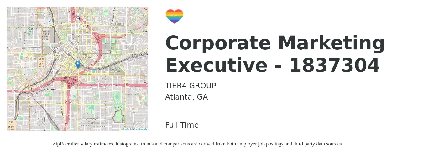 TIER4 GROUP job posting for a Corporate Marketing Executive - 1837304 in Atlanta, GA with a salary of $45,200 to $83,700 Yearly with a map of Atlanta location.