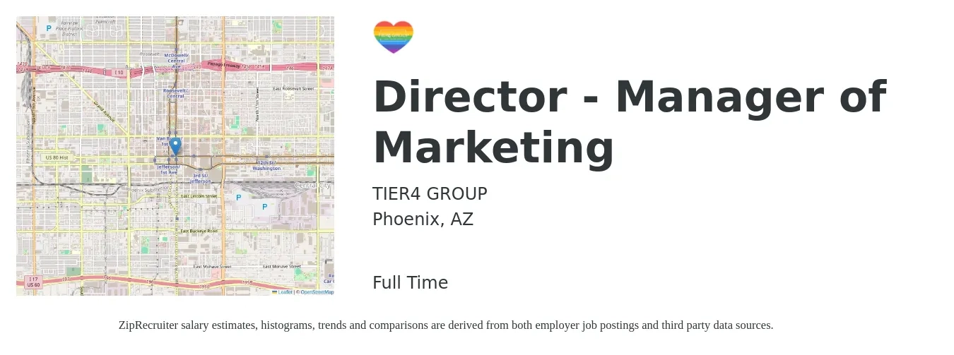 TIER4 GROUP job posting for a Director - Manager of Marketing in Phoenix, AZ with a salary of $18 to $34 Hourly with a map of Phoenix location.