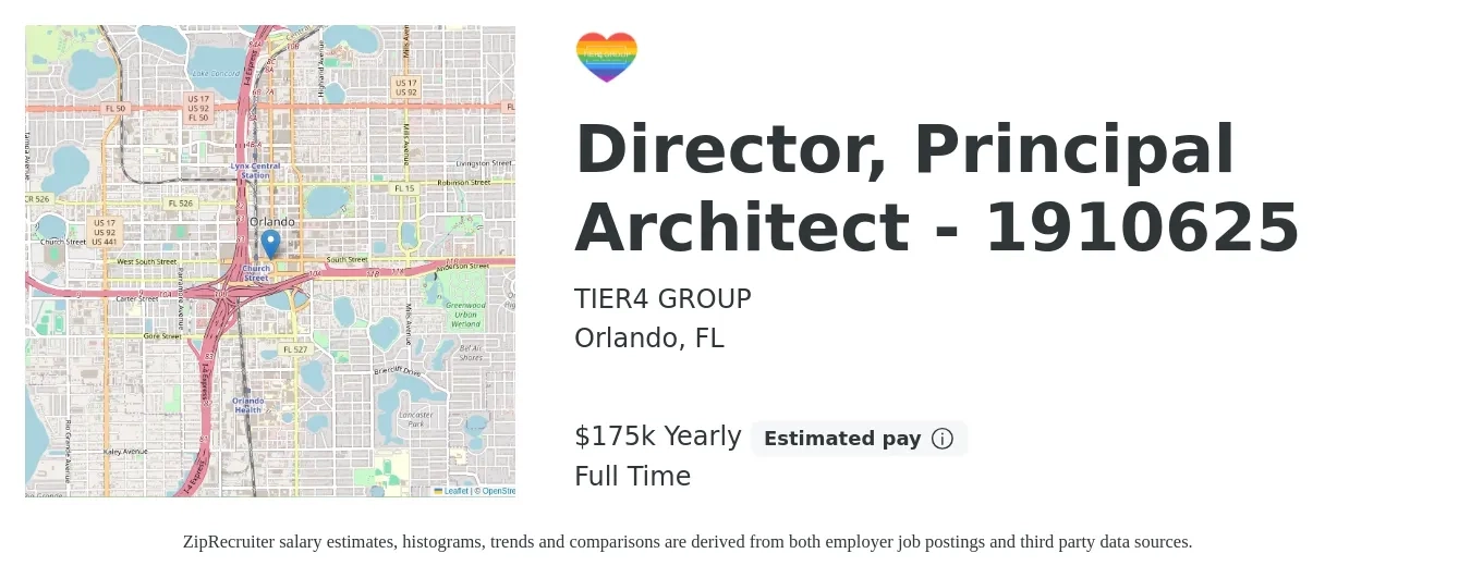 TIER4 GROUP job posting for a Director, Principal Architect - 1910625 in Orlando, FL with a salary of $175,000 Yearly with a map of Orlando location.