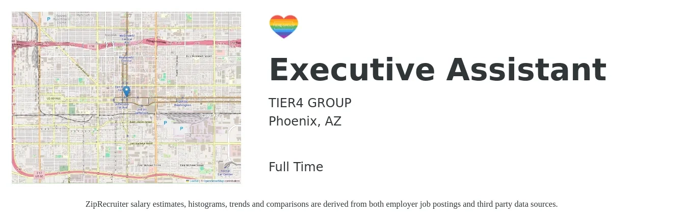 TIER4 GROUP job posting for a Executive Assistant in Phoenix, AZ with a salary of $49,600 to $74,500 Yearly with a map of Phoenix location.