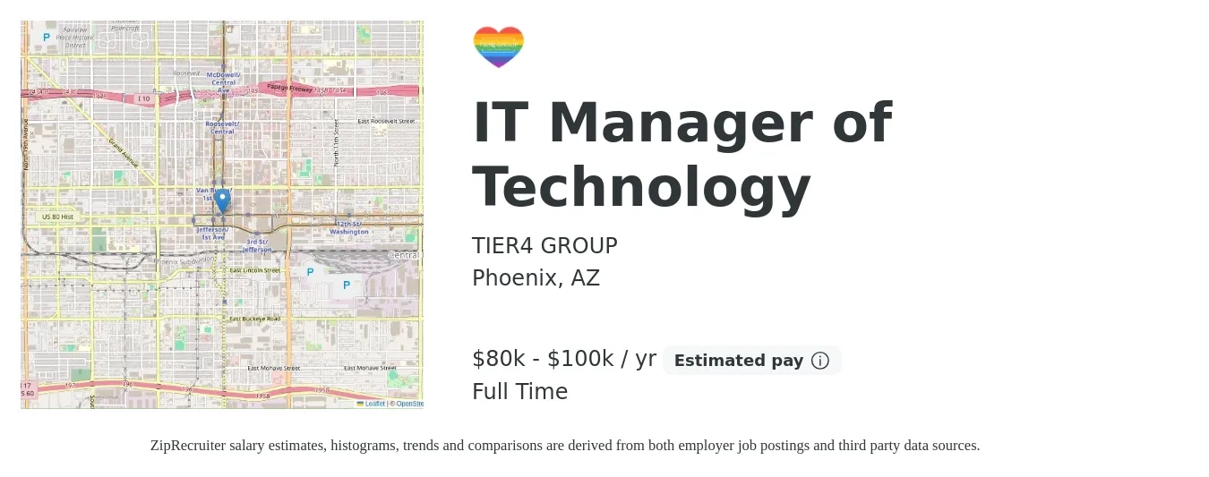 TIER4 GROUP job posting for a IT Manager of Technology in Phoenix, AZ with a salary of $80,000 to $100,000 Yearly with a map of Phoenix location.