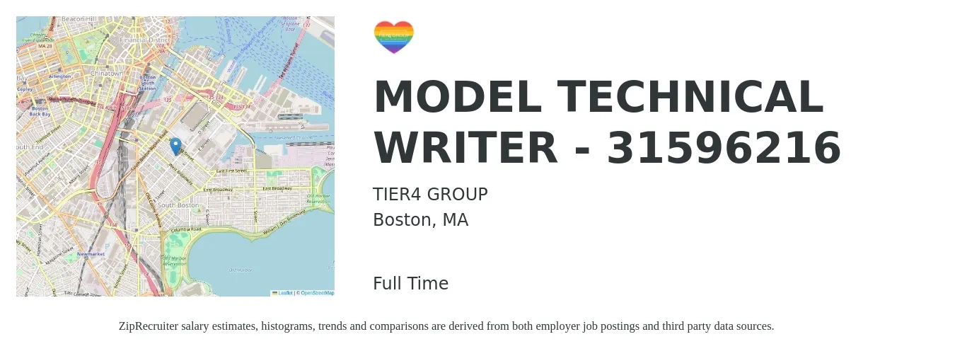TIER4 GROUP job posting for a MODEL TECHNICAL WRITER - 31596216 in Boston, MA with a salary of $33 to $53 Hourly with a map of Boston location.