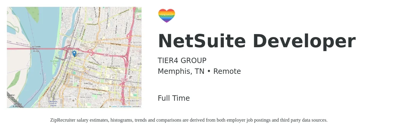 TIER4 GROUP job posting for a NetSuite Developer in Memphis, TN with a salary of $100,600 to $123,800 Yearly with a map of Memphis location.