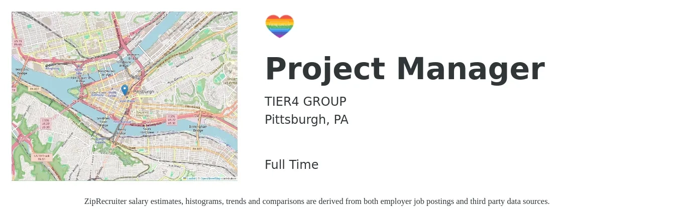 TIER4 GROUP job posting for a Project Manager in Pittsburgh, PA with a salary of $76,200 to $119,400 Yearly with a map of Pittsburgh location.