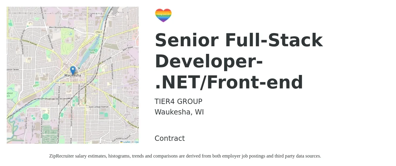 TIER4 GROUP job posting for a Senior Full-Stack Developer- .NET/Front-end in Waukesha, WI with a salary of $51 to $71 Hourly with a map of Waukesha location.