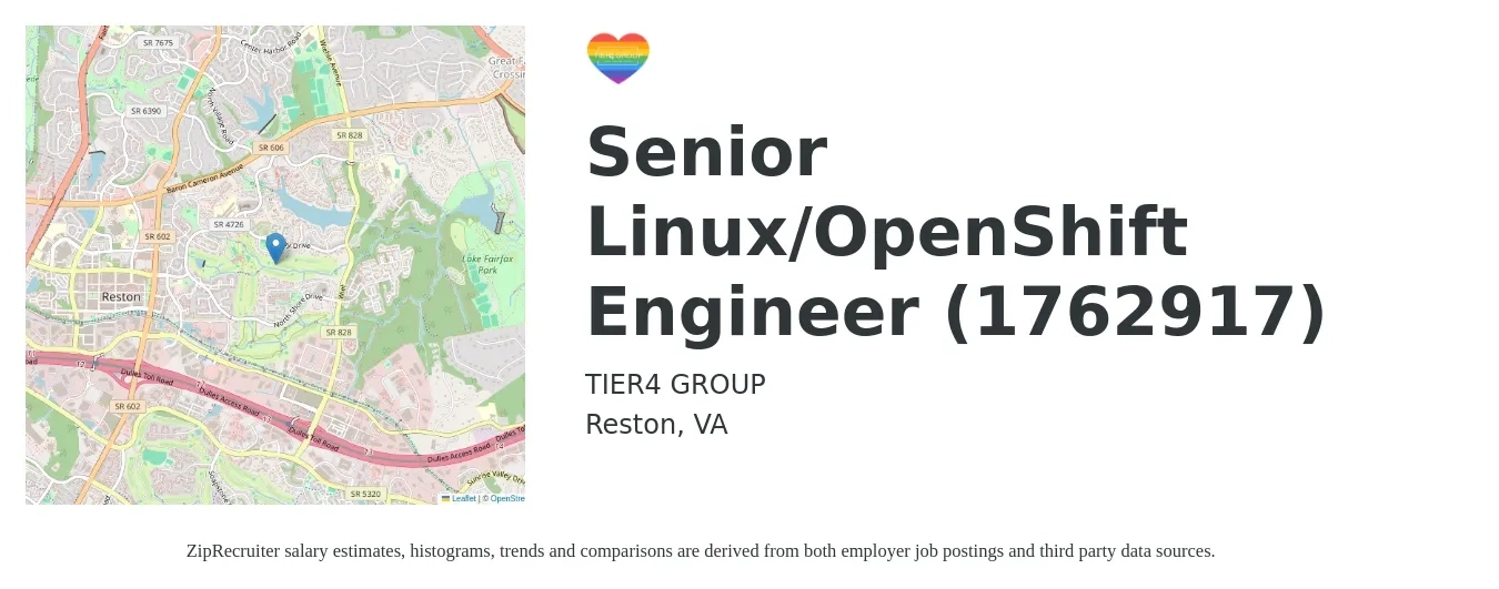 Tier4 Group job posting for a Senior Linux/OpenShift Engineer (1762917) in Reston, VA with a salary of $52 to $78 Hourly with a map of Reston location.