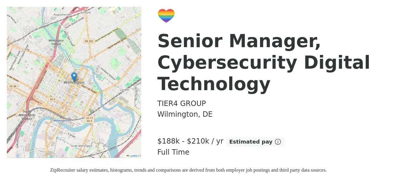 TIER4 GROUP job posting for a Senior Manager, Cybersecurity Digital Technology in Wilmington, DE with a salary of $188,000 to $210,000 Yearly with a map of Wilmington location.