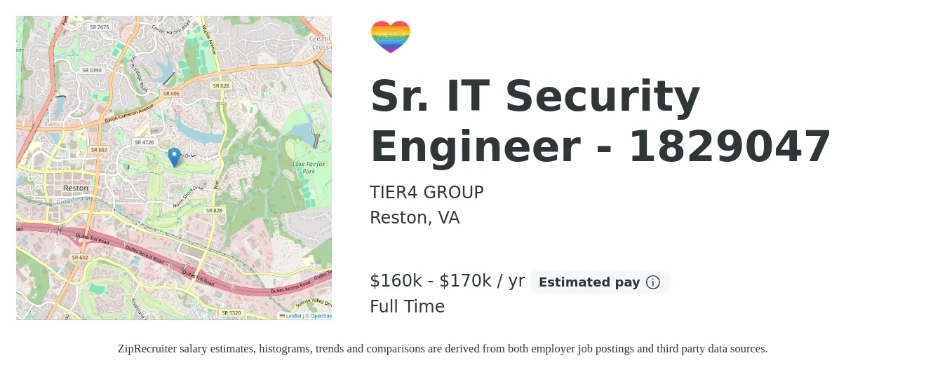 TIER4 GROUP job posting for a Sr. IT Security Engineer - 1829047 in Reston, VA with a salary of $160,000 to $170,000 Yearly with a map of Reston location.