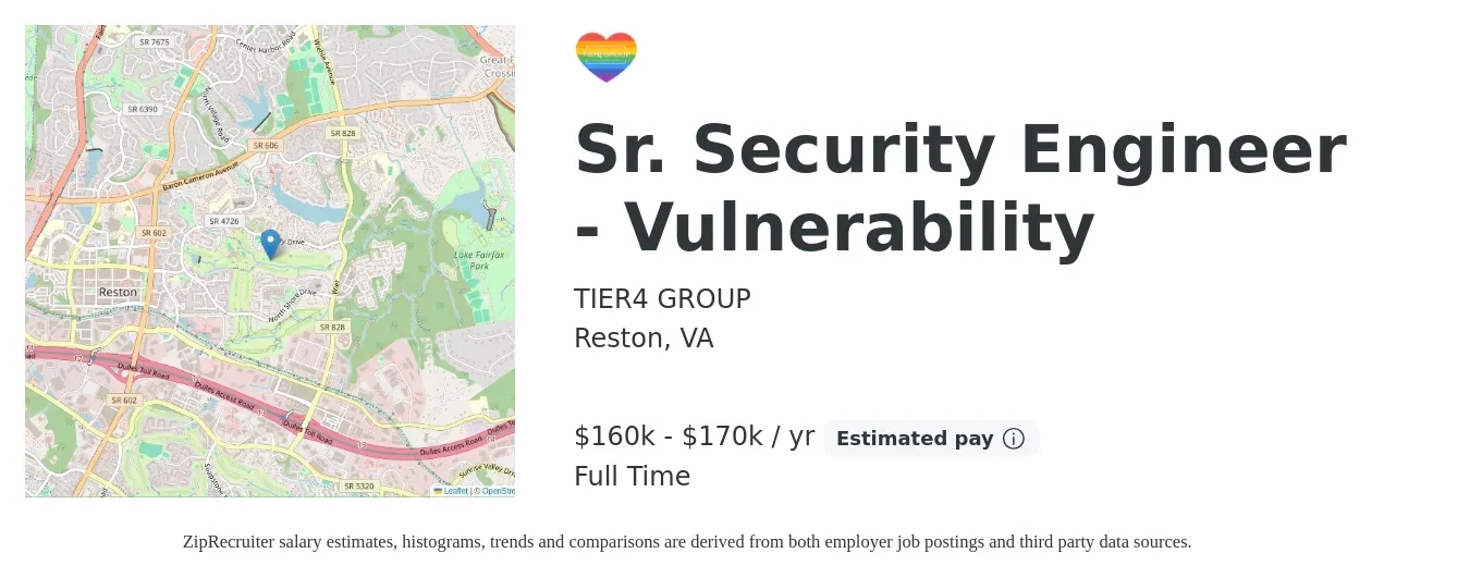 TIER4 GROUP job posting for a Sr. Security Engineer - Vulnerability in Reston, VA with a salary of $160,000 to $170,000 Yearly with a map of Reston location.