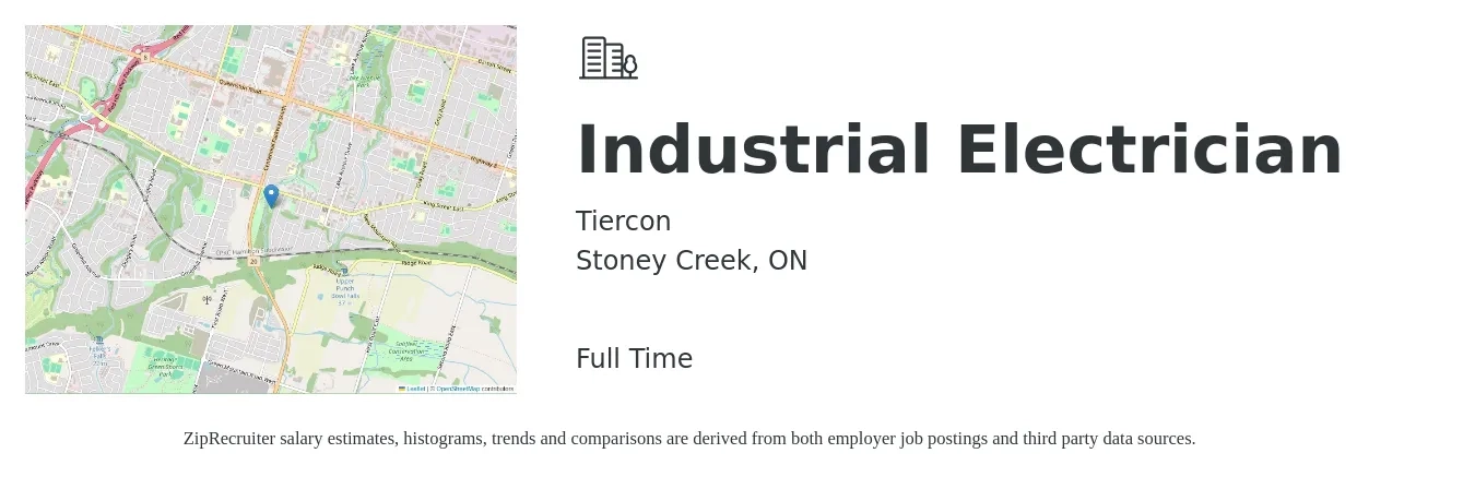 Tiercon job posting for a Industrial Electrician in Stoney Creek, ON with a map of Stoney Creek location.
