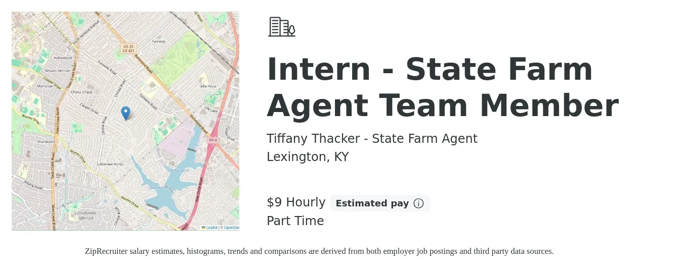 Tiffany Thacker - State Farm Agent job posting for a Intern - State Farm Agent Team Member in Lexington, KY with a salary of $10 Hourly with a map of Lexington location.