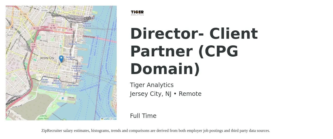 Tiger Analytics job posting for a Director- Client Partner (CPG Domain) in Jersey City, NJ with a salary of $73,600 to $157,600 Yearly with a map of Jersey City location.