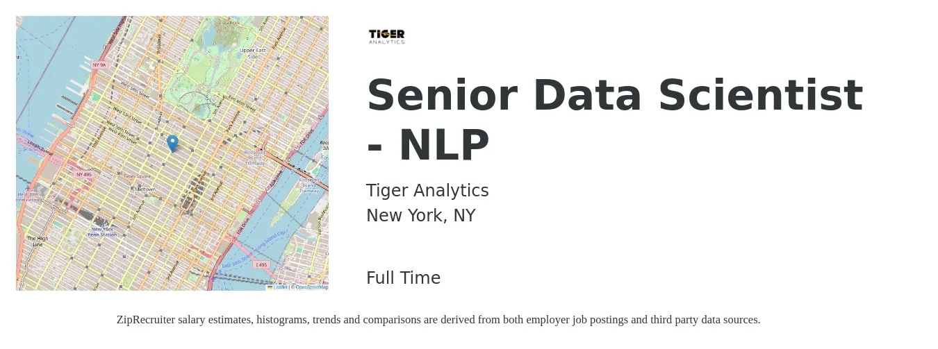 Tiger Analytics job posting for a Senior Data Scientist - NLP in New York, NY with a salary of $129,600 to $182,200 Yearly with a map of New York location.