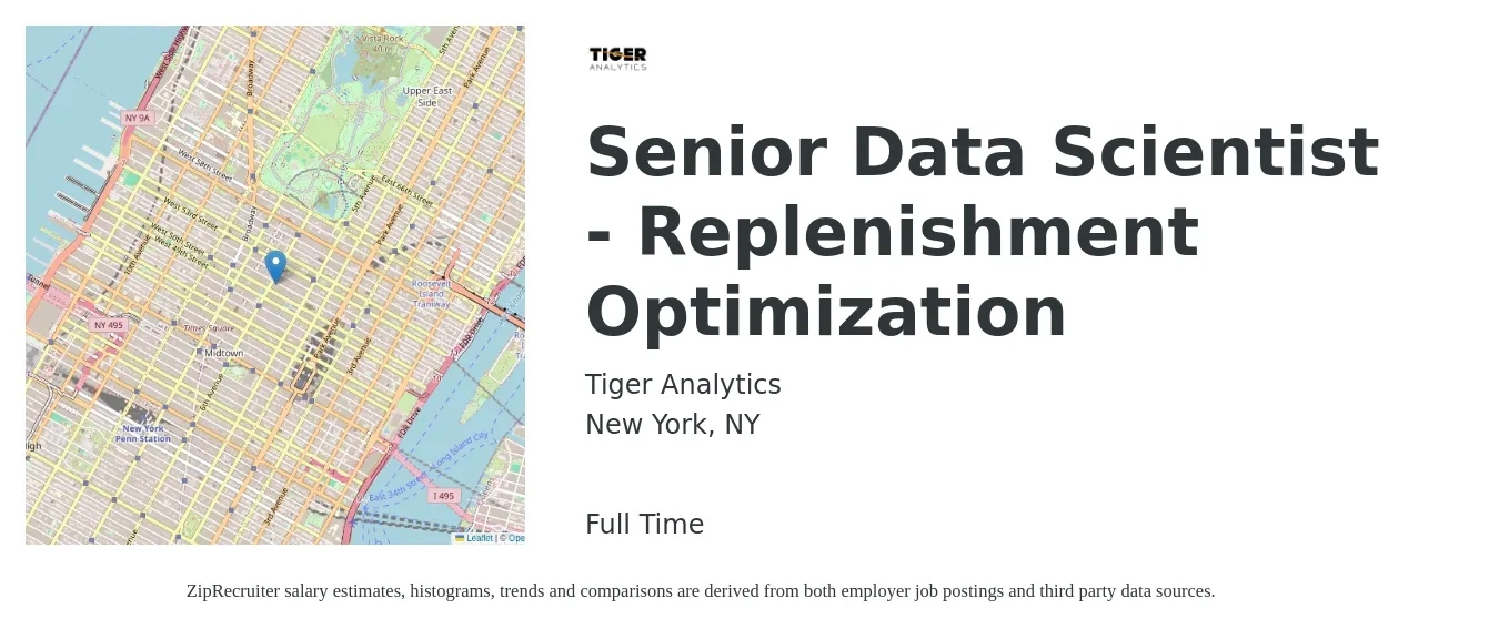 Tiger Analytics job posting for a Senior Data Scientist - Replenishment Optimization in New York, NY with a salary of $129,600 to $182,200 Yearly with a map of New York location.