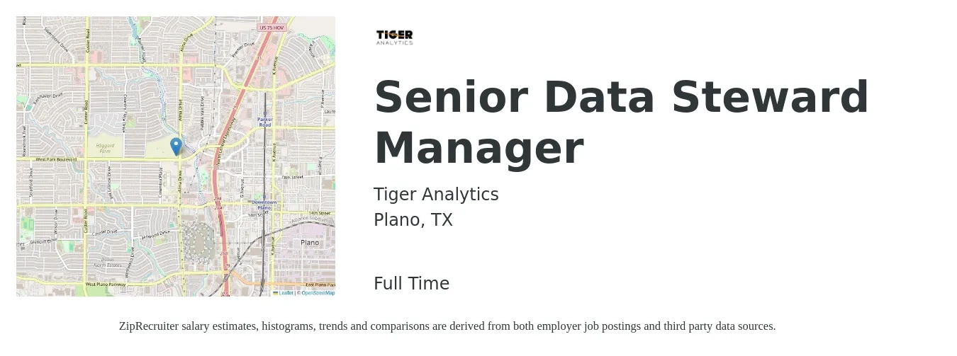 Tiger Analytics job posting for a Senior Data Steward Manager in Plano, TX with a salary of $24 to $40 Hourly with a map of Plano location.