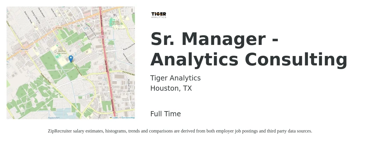 Tiger Analytics job posting for a Sr. Manager - Analytics Consulting in Houston, TX with a salary of $89,300 to $128,900 Yearly with a map of Houston location.