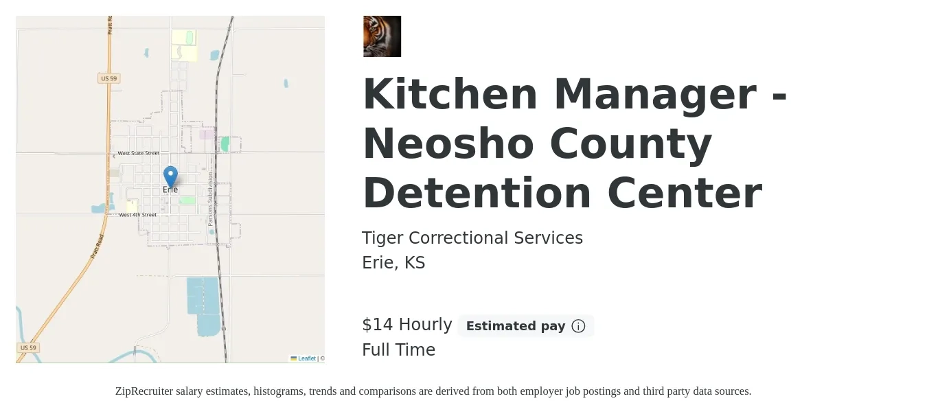 Tiger Correctional Services job posting for a Kitchen Manager - Neosho County Detention Center in Erie, KS with a salary of $16 Hourly with a map of Erie location.