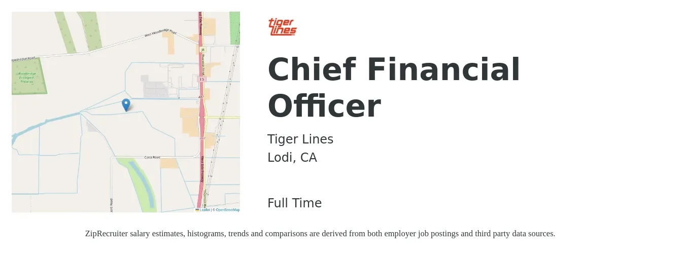 Tiger Lines job posting for a Chief Financial Officer in Lodi, CA with a salary of $138,900 to $394,100 Yearly with a map of Lodi location.