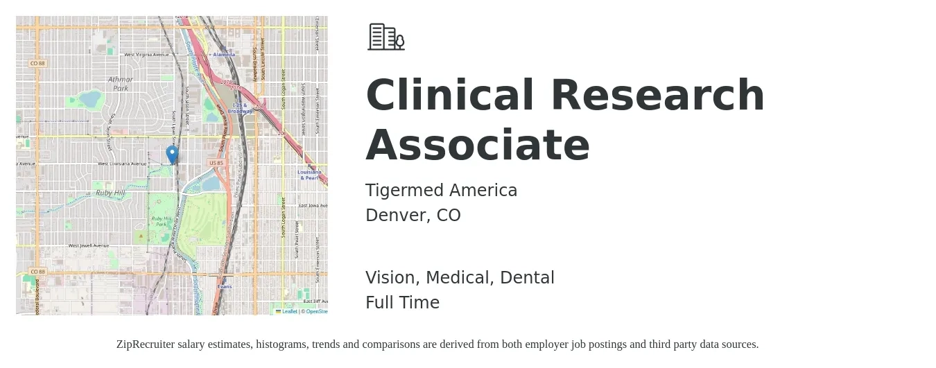 Tigermed America job posting for a Clinical Research Associate in Denver, CO with a salary of $31 to $56 Hourly and benefits including dental, life_insurance, medical, pto, retirement, and vision with a map of Denver location.