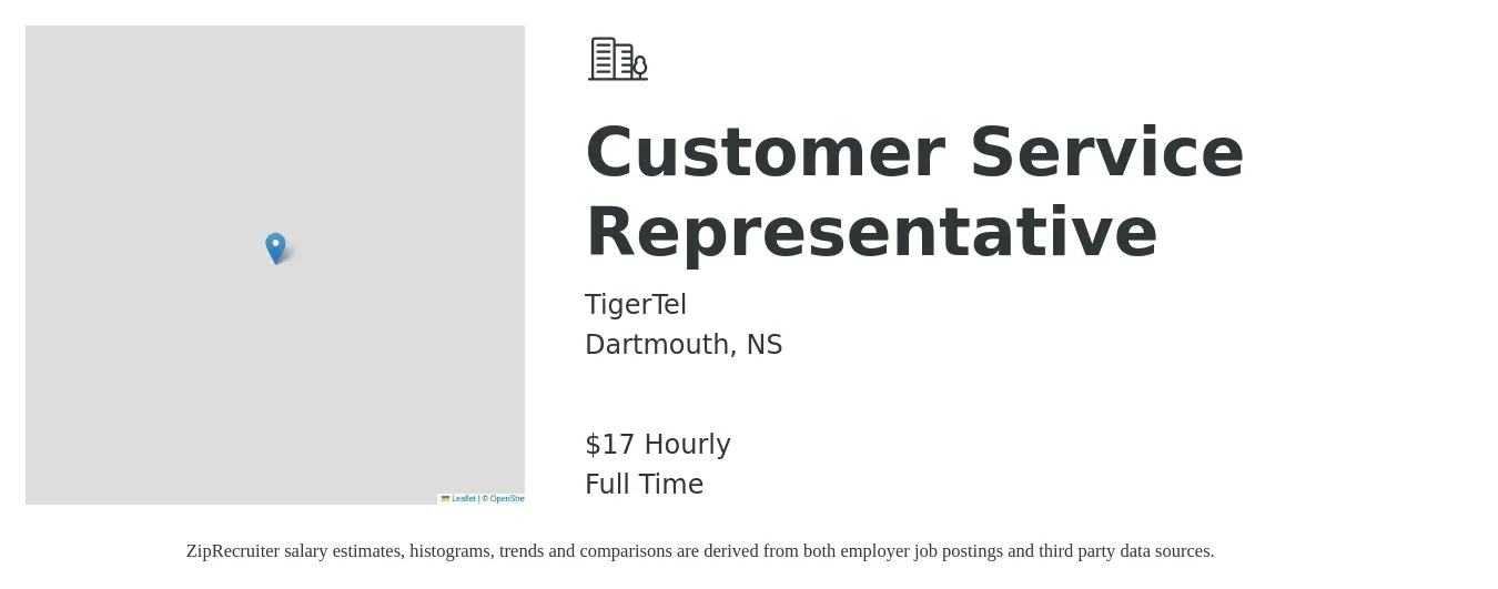 TigerTel job posting for a Customer Service Representative in Dartmouth, NS with a salary of $18 Hourly with a map of Dartmouth location.