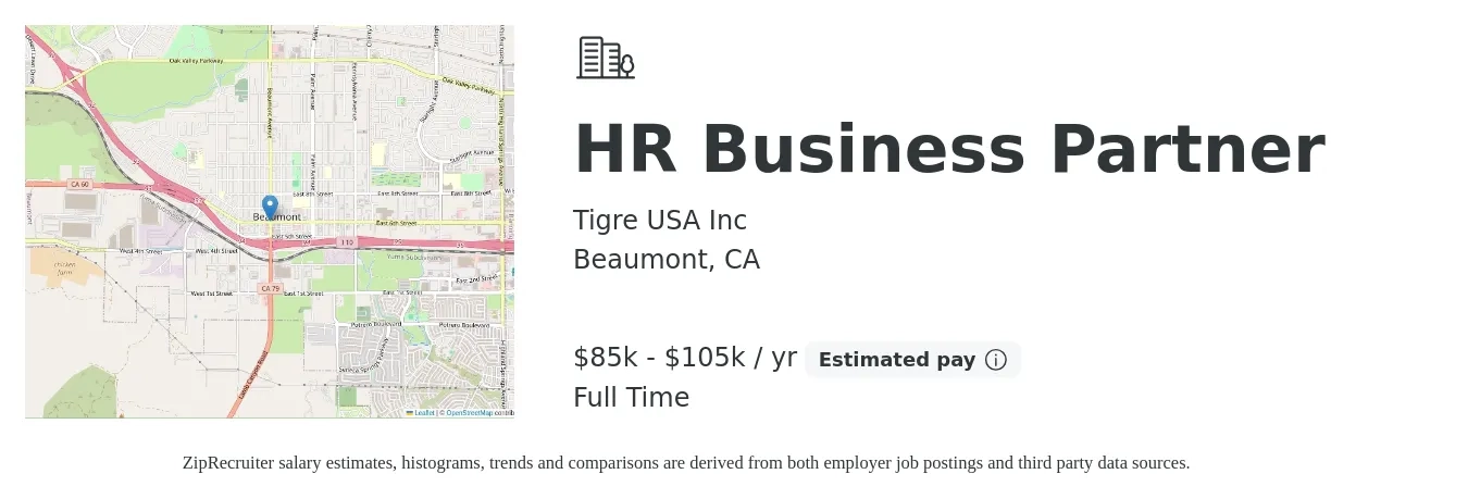 Tigre USA Inc job posting for a HR Business Partner in Beaumont, CA with a salary of $85,000 to $105,000 Yearly with a map of Beaumont location.