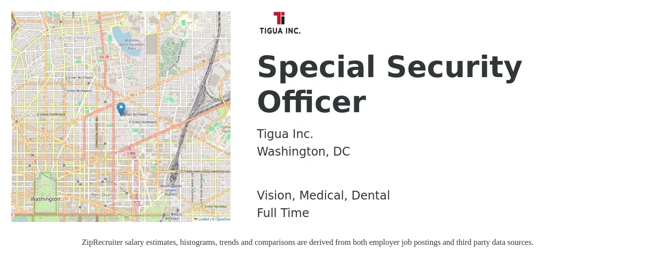 Tigua Inc. job posting for a Special Security Officer in Washington, DC with a salary of $18 to $22 Hourly and benefits including medical, pto, retirement, vision, dental, and life_insurance with a map of Washington location.
