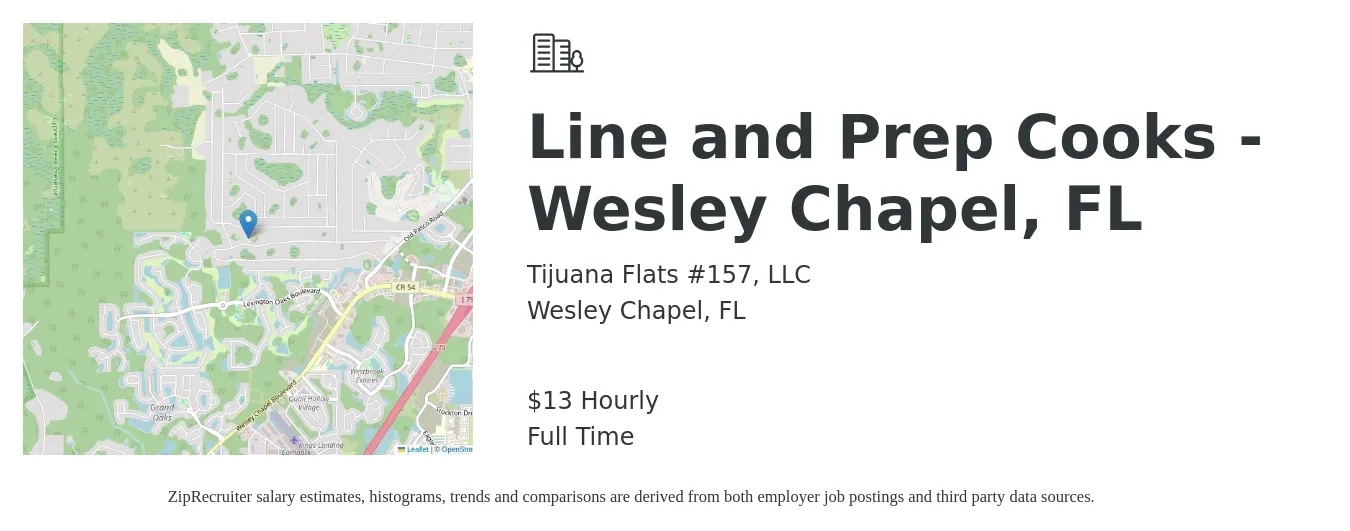 Tijuana Flats #157, LLC job posting for a Line and Prep Cooks - Wesley Chapel, FL in Wesley Chapel, FL with a salary of $14 Hourly with a map of Wesley Chapel location.