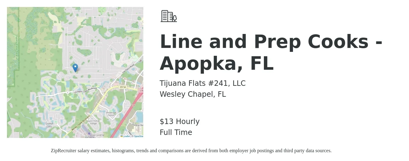 Tijuana Flats #241, LLC job posting for a Line and Prep Cooks - Apopka, FL in Wesley Chapel, FL with a salary of $14 Hourly with a map of Wesley Chapel location.