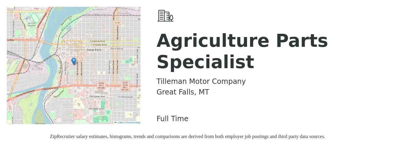 Tilleman Motor Company job posting for a Agriculture Parts Specialist in Great Falls, MT with a salary of $18 to $24 Hourly with a map of Great Falls location.
