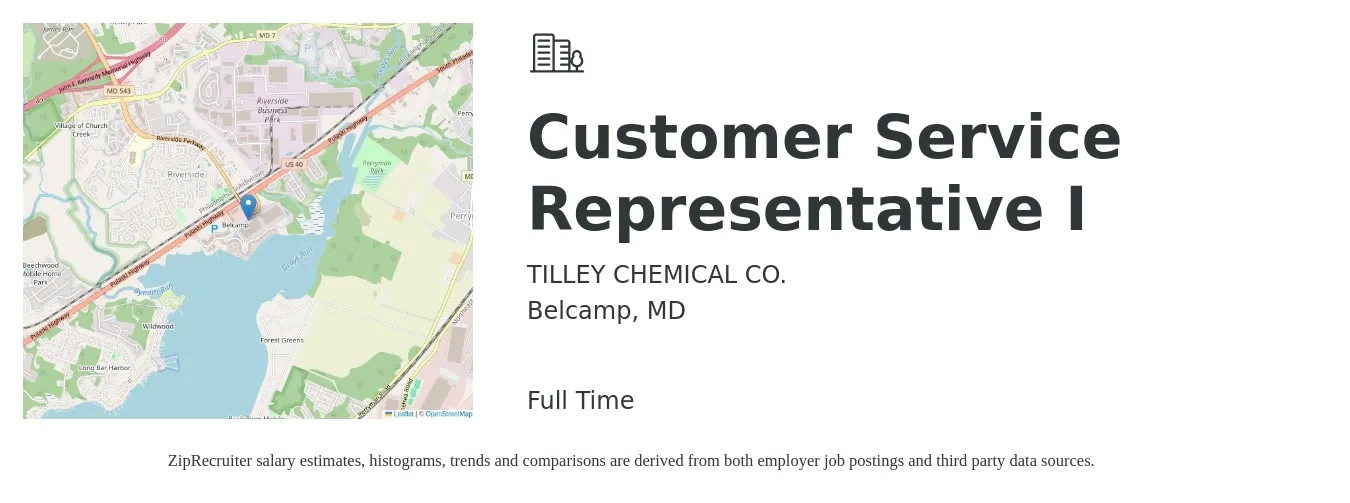 TILLEY CHEMICAL CO. job posting for a Customer Service Representative I in Belcamp, MD with a salary of $16 to $22 Hourly with a map of Belcamp location.