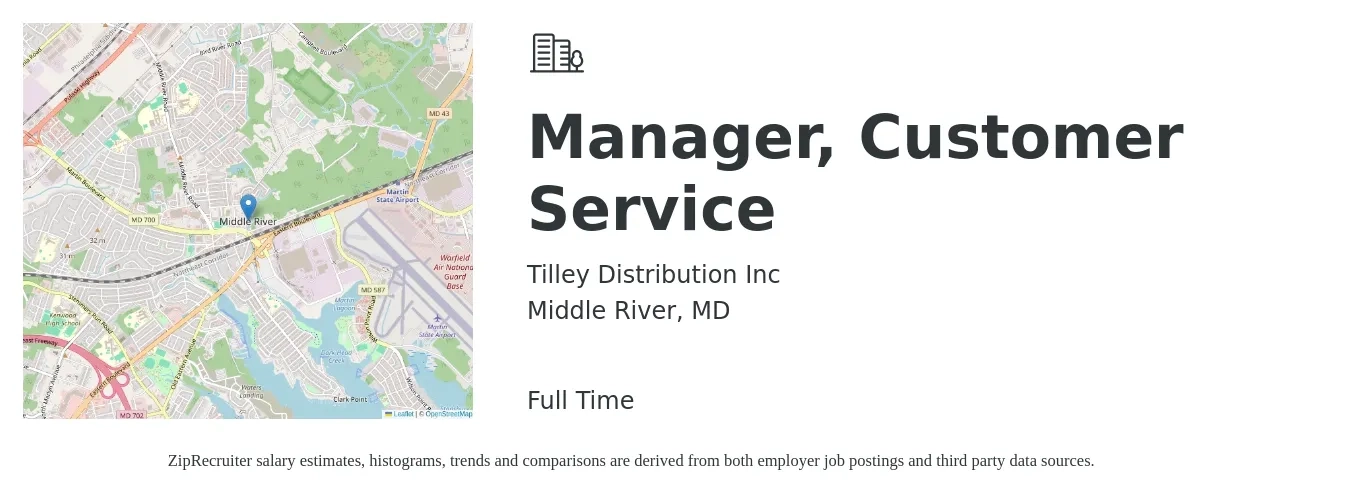 Tilley Distribution Inc job posting for a Manager, Customer Service in Middle River, MD with a salary of $38,500 to $65,700 Yearly with a map of Middle River location.