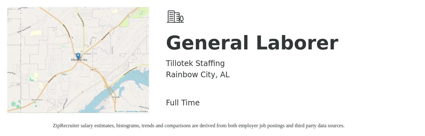 Tillotek Staffing job posting for a General Laborer in Rainbow City, AL with a salary of $12 to $16 Hourly with a map of Rainbow City location.