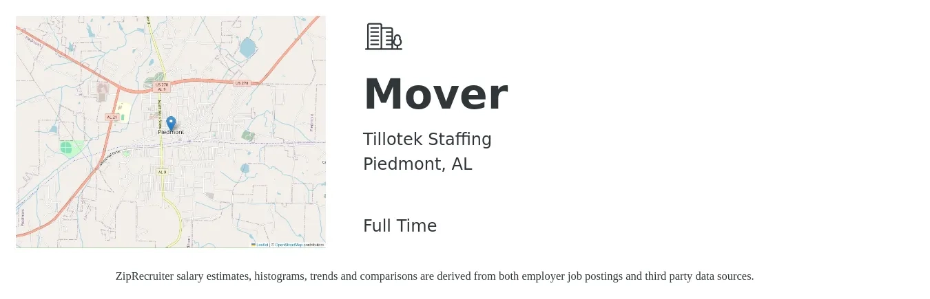 Tillotek Staffing job posting for a Mover in Piedmont, AL with a salary of $15 to $18 Hourly with a map of Piedmont location.