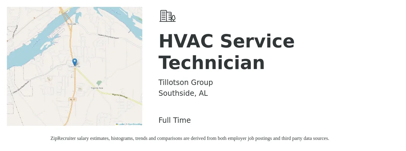 Tillotson Group job posting for a HVAC Service Technician in Southside, AL with a salary of $19 to $27 Hourly with a map of Southside location.