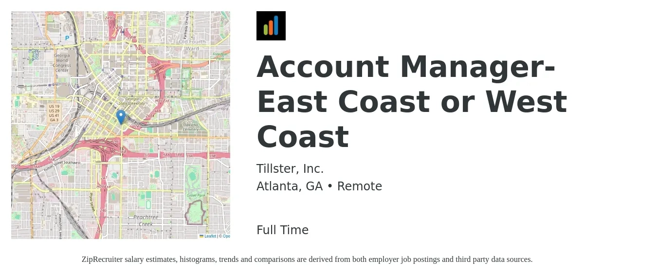 Tillster, Inc. job posting for a Account Manager-East Coast or West Coast in Atlanta, GA with a salary of $46,200 to $75,500 Yearly with a map of Atlanta location.