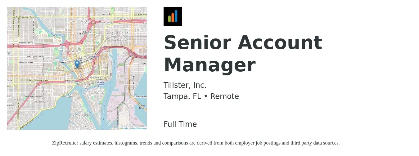 Tillster, Inc. job posting for a Senior Account Manager in Tampa, FL with a salary of $10,000 Monthly with a map of Tampa location.