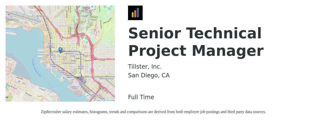Tillster, Inc. job posting for a Senior Technical Project Manager in San Diego, CA with a salary of $117,300 to $160,800 Yearly with a map of San Diego location.