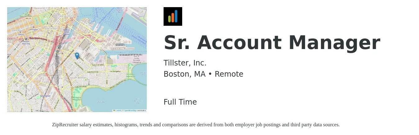 Tillster, Inc. job posting for a Sr. Account Manager in Boston, MA with a salary of $84,200 to $132,500 Yearly with a map of Boston location.