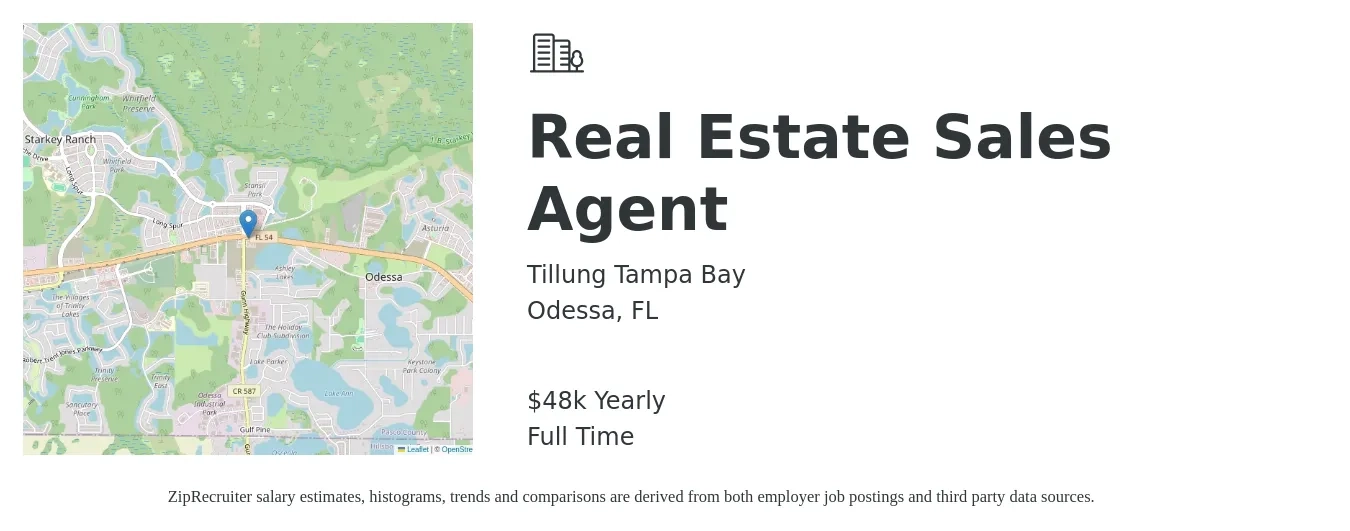 Tillung Tampa Bay job posting for a Real Estate Sales Agent in Odessa, FL with a salary of $48,227 Yearly with a map of Odessa location.